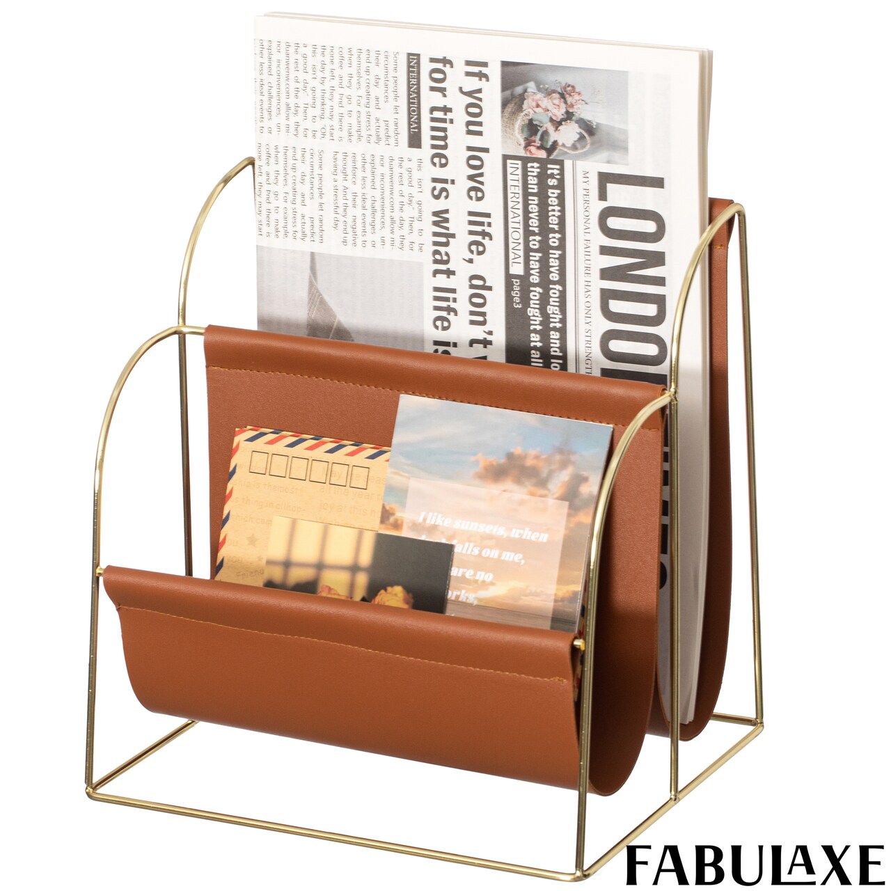 Fabulaxe Gold-Tone Metal Magazine Rack with Brown Faux Leather Sling Freestanding Organizer for Magazines Newspapers & Files